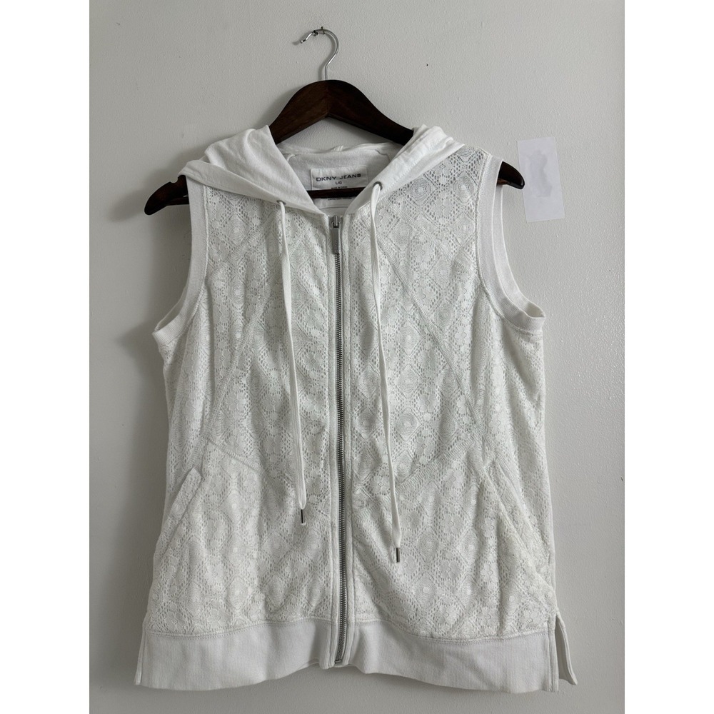 DKNY Jeans Women L White Lace Hoodie Vest Full Zip Sleeveless Cotton Boho